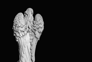 Death. Black and white image of angel against black background as symbol of pain, fear and end of...