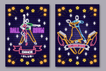 Set of Ballroom dance sport club Bright Neon Sign. Dance sport neon flyer, brochure, banner, poster with shoe brush, man and woman silhouette. Vector. Rumba, salsa, samba couples dancing ballroom