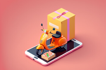 Obraz premium Orange smartphone or mobile phone with pink backdrop with pin, scooter, and cardboard package of products. Concept and illustration for online purchase tracking or delivery. Generative AI