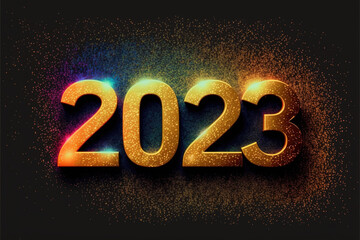New Year, 2023, fun 3D effect, paint color splashes. Joyful and colorful logotype. For articles, banners or cards.