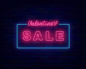 Obraz premium Valentines Sale neonsignboard. Simple border. Luminous advertising. February holiday celebration. Vector illustration