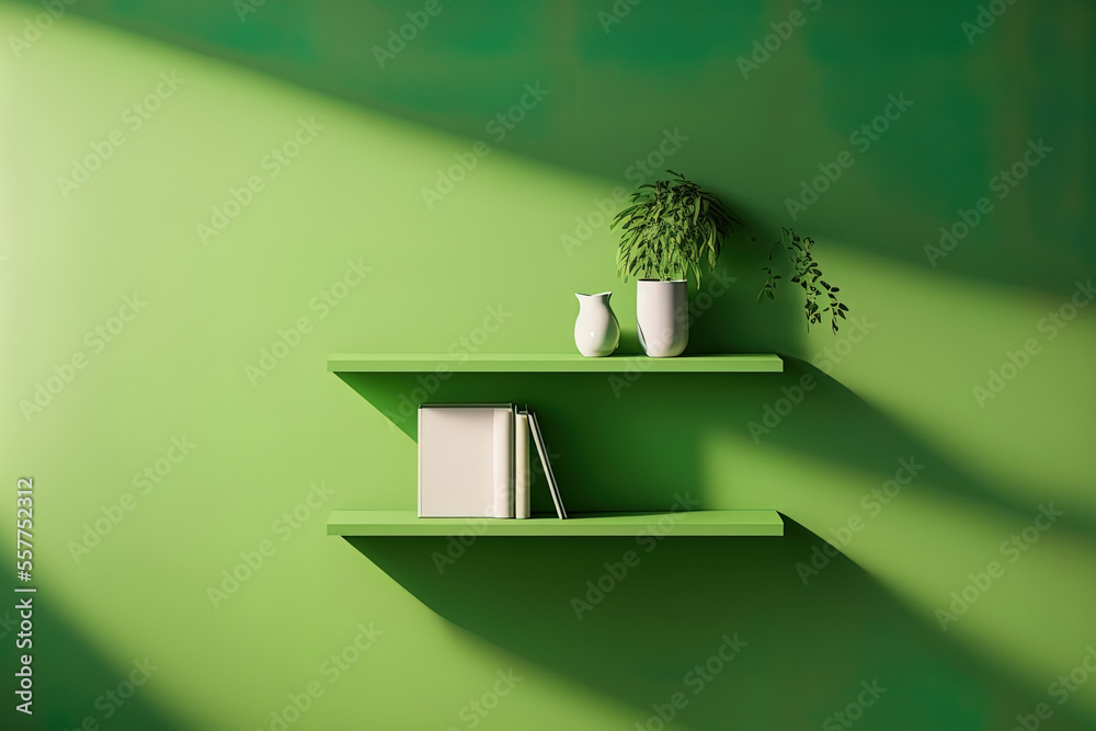 Canvas Prints Green wall with an empty shelf. background scene for a template. vertical background. Generative AI