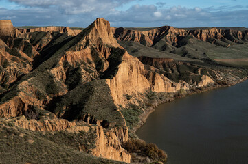 View of the Burujon Canyons and the Castrejon Reservoir, located near Toledo, Spain. The Burujon ravines are a sedimentary formation of the course of the Tagus River