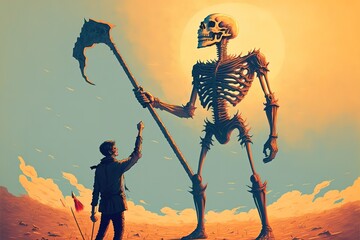 Fototapeta na wymiar A man fights with a giant skeleton