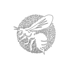 Continuous curve one line drawing of flying bee abstract art in circle. Single line editable stroke vector illustration of bee barbed stinger for logo, wall decor and poster print decoration