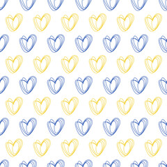Yellow and blue hearts seamless pattern on white background. Lineart design. Ukraine national color. Ukrainian background for printing postcard, wallpaper, fabric, paper