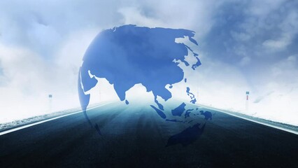 Digital earth globe planet cyberspace on a foggy asphalt road animation background. Seamless looping.
