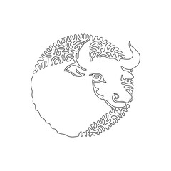Continuous one curve line drawing of curved bull horns, abstract art in circle. Single line editable stroke vector illustration of bulls very muscular for logo, wall decor and poster print decoration