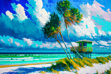 Florida beach with palm trees and lifeguard tower, acrylic painting. Generative AI