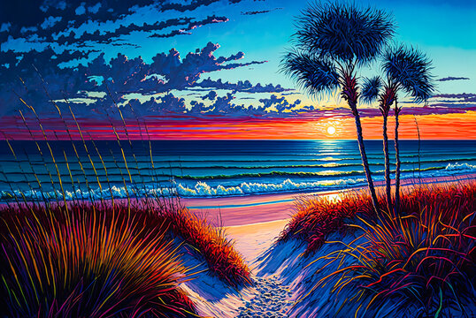 Florida beach at sunrise, acrylic painting. Generative AI