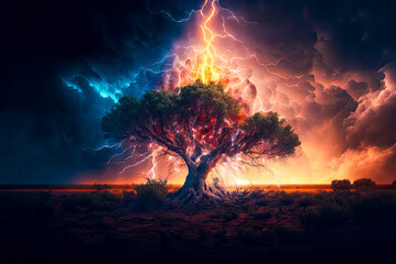 Lightning striking a tree. Generative AI