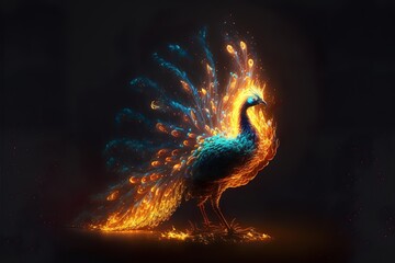 Golden animals burning with golden flames for beautiful backgrounds peacock