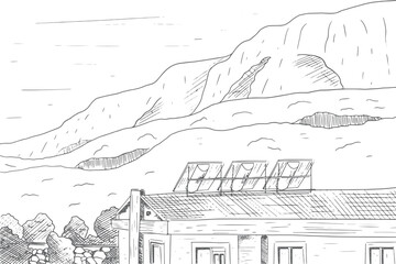 Landscape with a house on the background of mountains and forest, black and white illustration in sketch style.