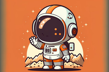 Cute astronaut standing and folding his hand in a cartoon emblem for technology. Generative AI