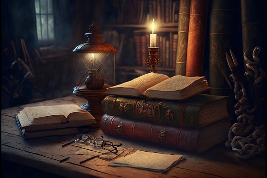 Fantasy study in library with old leather books with broken glass and candle