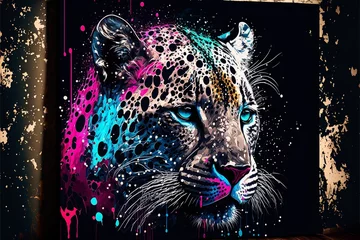 Foto op Plexiglas Painted animal with paint splash painting technique on colorful background snow jaguar © Dvid