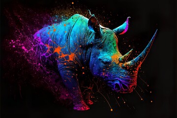 Painted animal with paint splash painting technique on colorful background rhino - obrazy, fototapety, plakaty