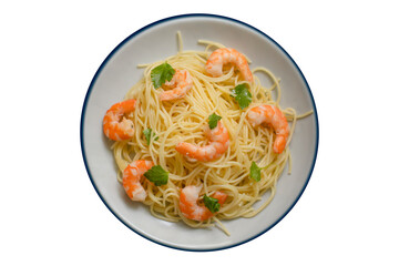 Spaghetti with shrimps in a plate isolated on white on background