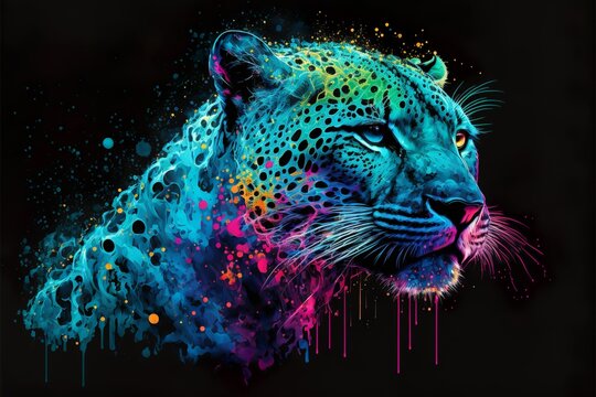 Painted animal with paint splash painting technique on colorful background snow jaguar