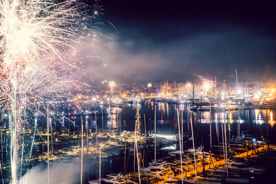amazing aerial of  fireworks in Palma de Mallorca at new year’s eve