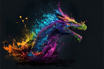 Painted animal with paint splash painting technique on colorful background dragon © Dvid