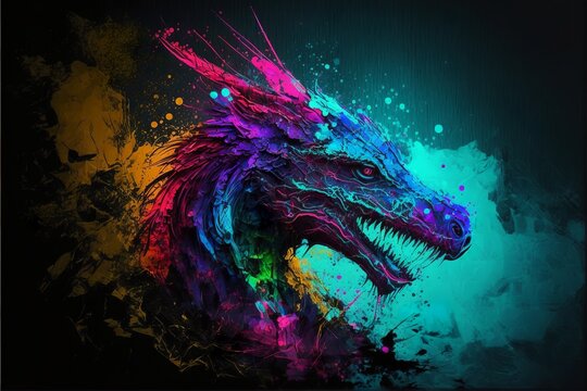 Painted animal with paint splash painting technique on colorful background dragon