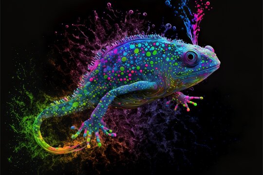 Painted animal with paint splash painting technique on colorful background chameleon