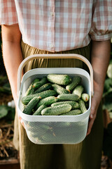 Unrecognizable caucasian girl wearing plaid shirt and khaki skirt and holding white basket full of many green fresh ripe cucumbers in sunny summer day.  Healthy food