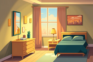 Cartoon backdrop image of a bedroom interior. a comfortable contemporary room in the early morning. Generative AI