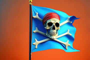 Fototapeta premium Jolly Roger the pirate in three dimensions, isolated on a horizontal banner of the blue sky. Generative AI