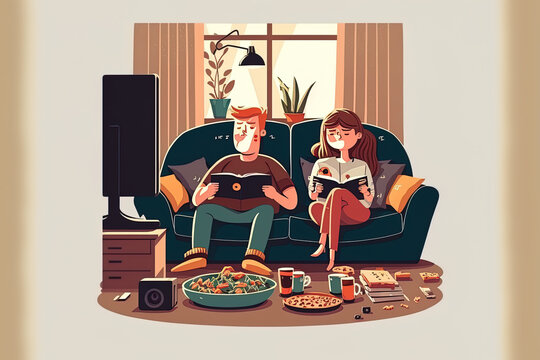 Image of a young couple relaxing at home. They're watching movies, napping, reading books, eating, playing video games, and lounging on a couch while working from home. Generative AI