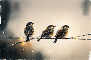 birds on a branch with lights