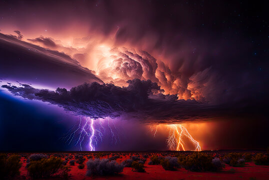 Extreme lightning storm in the Australian outback, purple and orange bolts. Generative AI