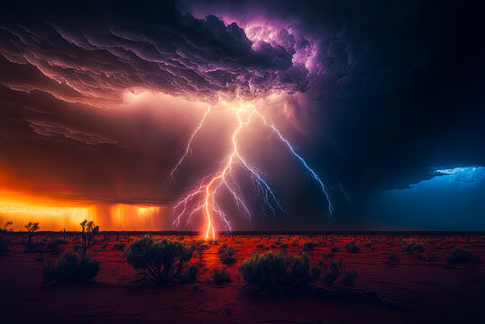 Extreme lightning storm in the Australian outback. Generative AI