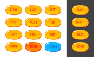 Vector Button set for Mobile Phone Game in style design isolated on white. See how they look on a dark background. Also added Orange and Blue button colors for Hover and Click or other Event.