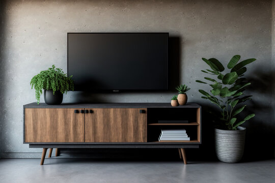 Mockup of a wood TV cabinet on a concrete wall in a living room. Generative AI