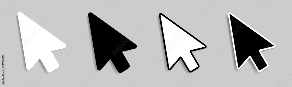 Poster mouse pointer icons with a shadow on a gray background. a set of four cursor pointers. vector illust