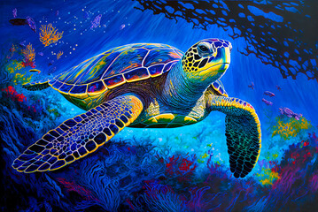 Sea turtle, acrylic painting. Generative AI