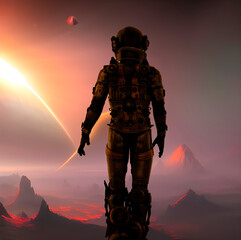 Space traveler exploring a new desert planet