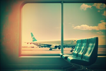 Departure lounge for see Airplane, view from airport terminal.vintage color selective focus. Generative AI