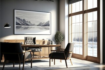 Front view of a sunlit CEO office with wooden furniture, large panoramic window and a horizontal poster on a gray wall. Generative AI