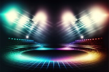 Full stadium and neoned colorful flashlights background. Concept of sport, competition, winning, action and motion. Empty area for championships, your ad, design. Generative AI