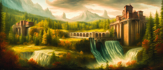 Fototapeta premium A large hydropower plant on a dam in an autumn landscape with a lake and mountains. Generative AI