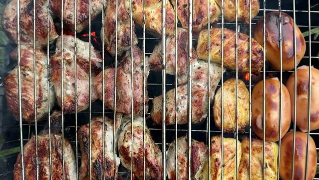 Barbecue on the grill close-up slow motion footage