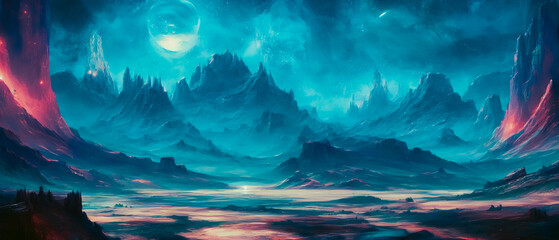 Concept painting of a futuristic landscape, Generative AI
