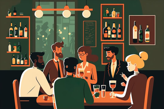 Having a conversation and drinking alcohol with friends at a bar or pub. Men and women are seated at the counter as they await the bartender's order. entertainment in the evening. of a flat car