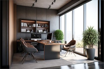 Corner of grey and brown office interior with desk, stylish niche, cabinets, panoramic view, three rolling chairs and concrete floor. Concept of modern CEO work place design. Generative AI