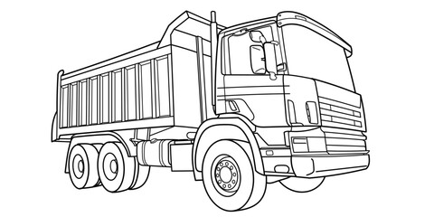 Doodle vector contour, outline dump truck wide angle side and front view. Truck; semitrailer tank. Oil, fuel tanker. Freight, liquid transportation. For coloring book page. Urban cargo transportation