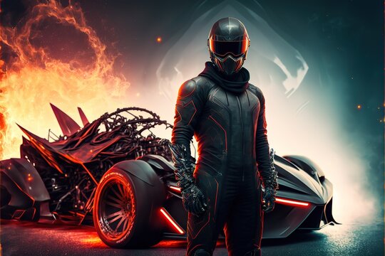 Leather suited sports car driver with helmet stands in front of hyper modern futuristic concept street racing car. Generative AI