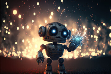 Curious Robot Celebrating New Year's Eve with Sparkler, generative ai